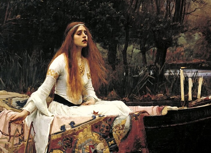 The Lady of Shalott, seated in her boat, gazing toward the water